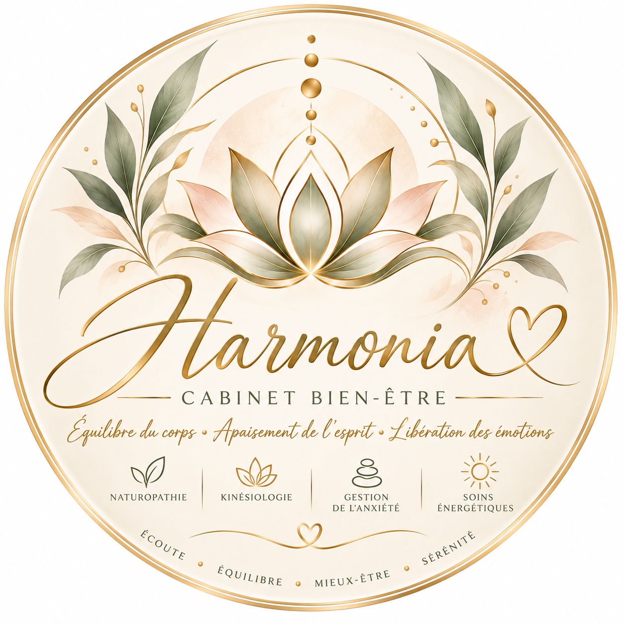 Logo rond Harmonia, cabinet bien-être, avec lotus et feuillage.