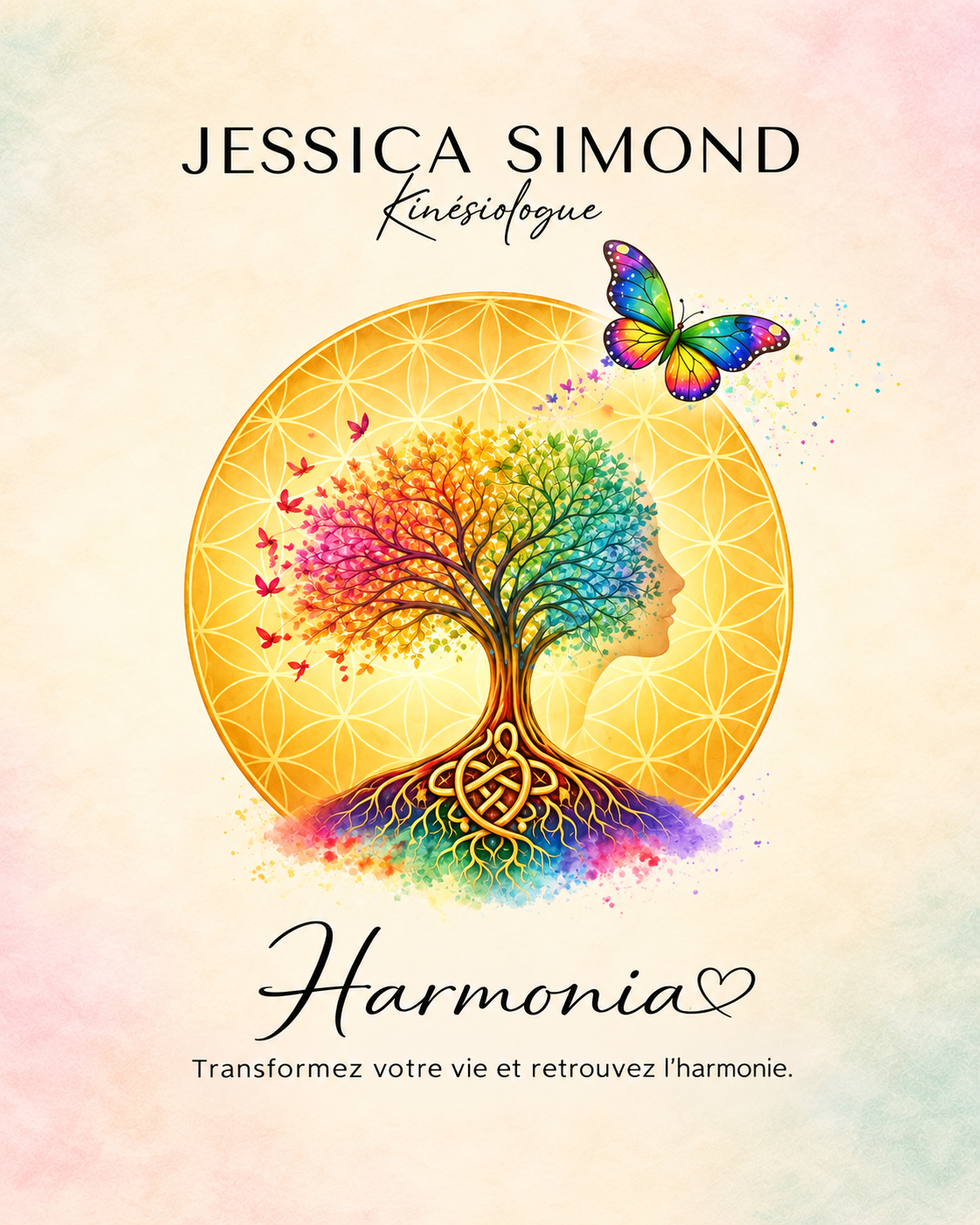 Harmonia — Jessica Simond, kinésiologue. Arbre de vie multicolore, fleur de vie et papillon.